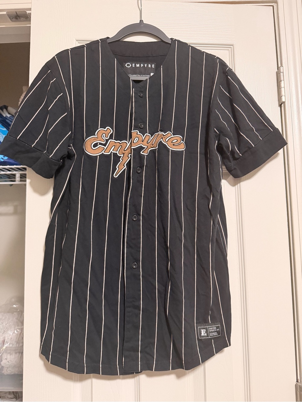 Empyre Black Pinstripe Baseball Jersey with Tan Script Logo